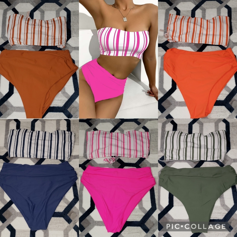 ⛱ Shein Vcay Striped Bandeau Swim Top High Waist Bikini Bottom Large Pink Orange